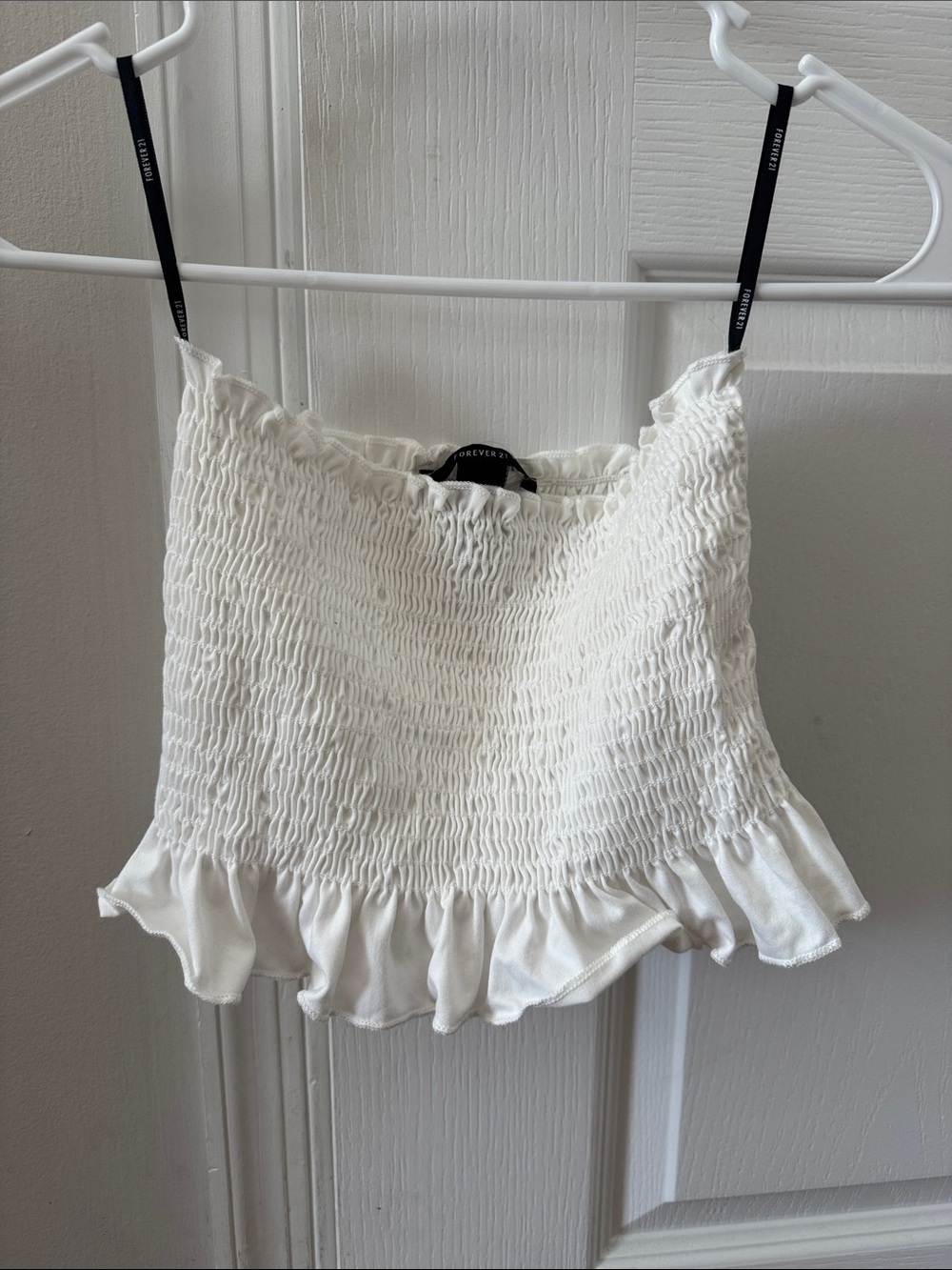 Forever 21 White Smocked Ruffle Crop Top with Black Straps